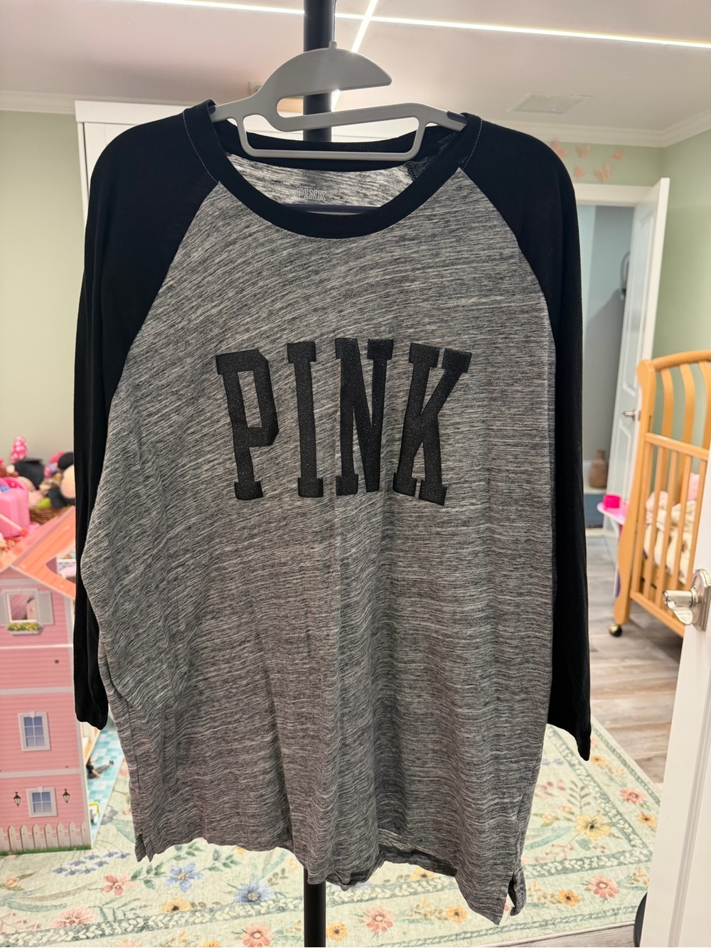 PINK Victoria's Secret Grey Heather & Black Raglan Long Sleeve Tee